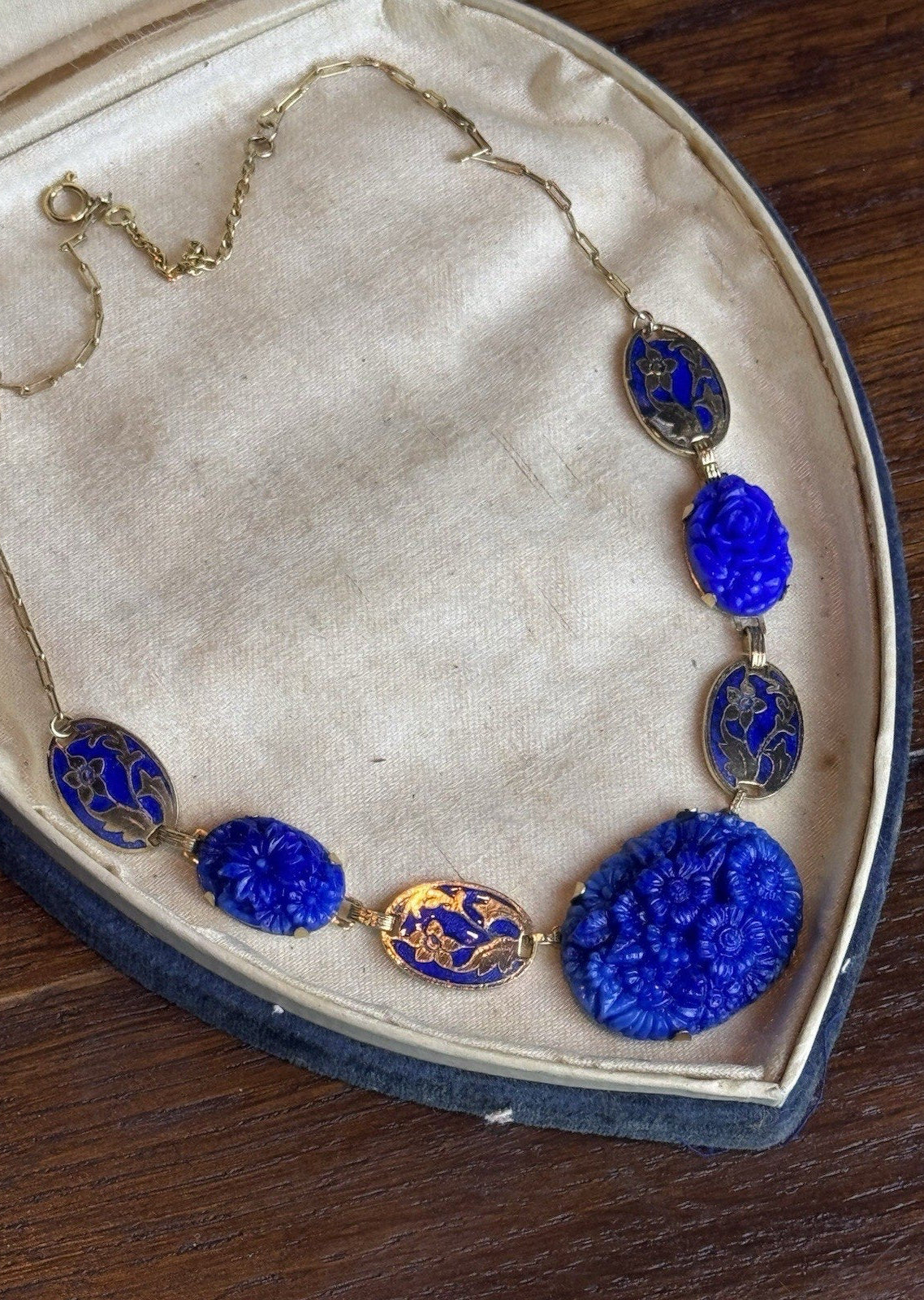 Vintage Czech Necklace Blue Pressed Glass Floral Enamel Goldtone Art Deco 16”
