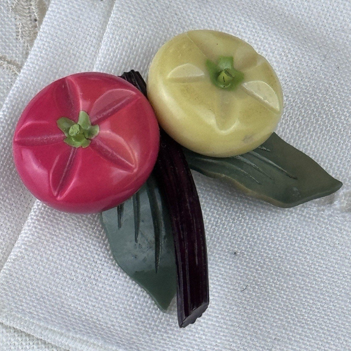Plastic Fruit Brooch Pink Yellow Persimmon Figural Pin 2” Mid Century VINTAGE