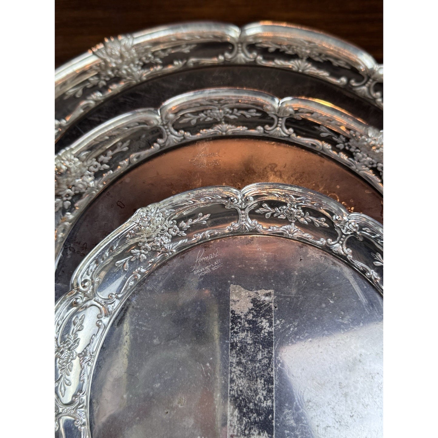 Silverplate Trays Set of 3 Leonard Repoussé Floral 14.5” 10.5” 8” VINTAGE