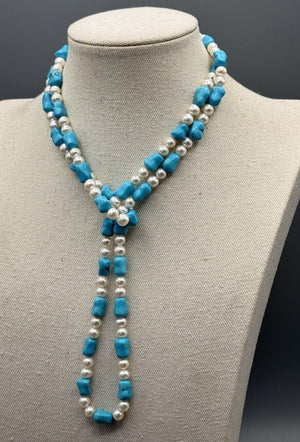 Cultured Pearl Blue/Green Stone Long Necklace 41” ESTATE FIND