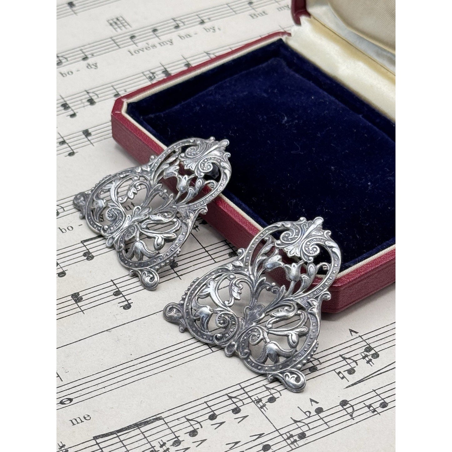 Large Silver Repoussé Earrings Antique Style Floral Scroll Post 1.75”
