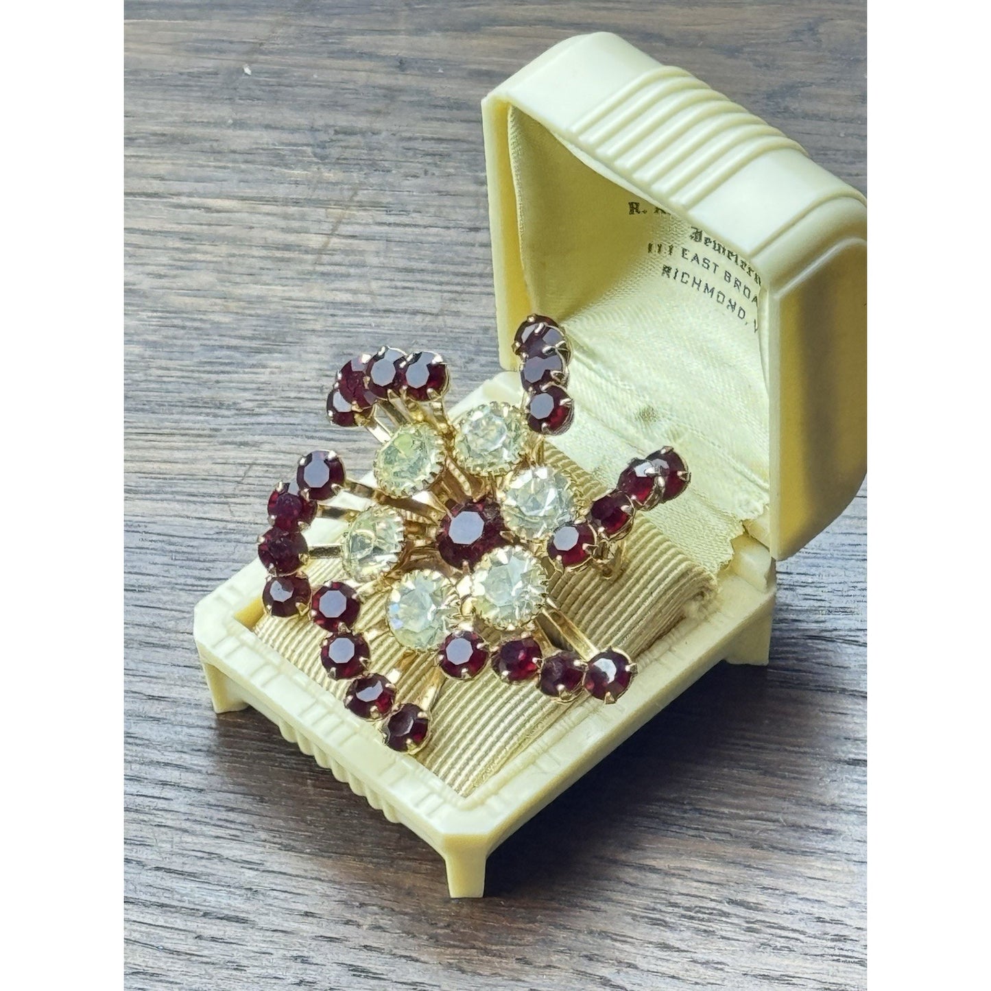 Vintage Brooch 2” Red Clear Rhinestone Goldtone Atomic Starburst Statement Pin