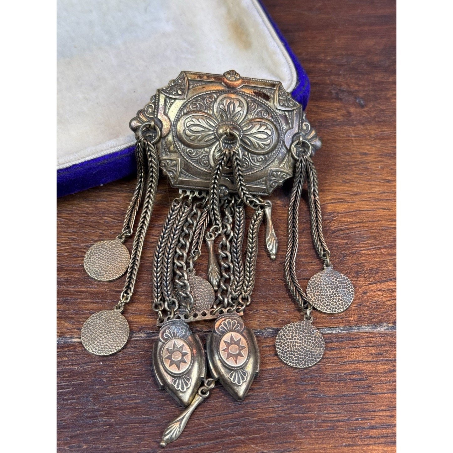 Vintage Chatelaine Brooch Brass Tone Ornate Victorian Revival Dangle Tassel