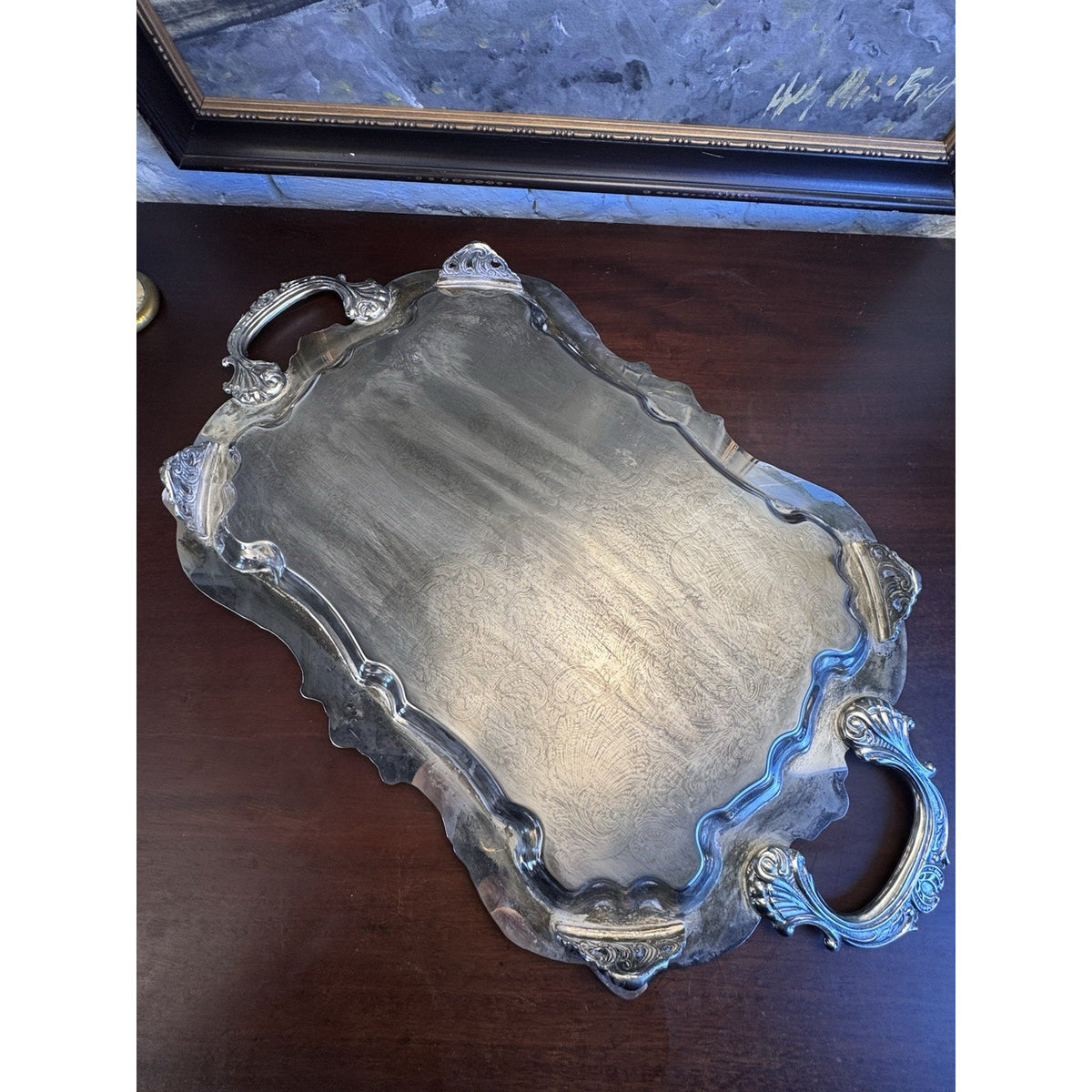 Silverplate Serving Tray Large Footed Serpentine Handled Shell Chased VINTAGE