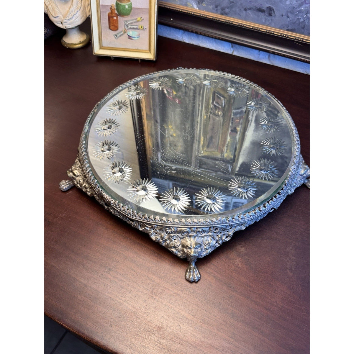 Mirror Plateau Ornate Silvertone Lion Head Paws Beveled Round Top SCRATCHED