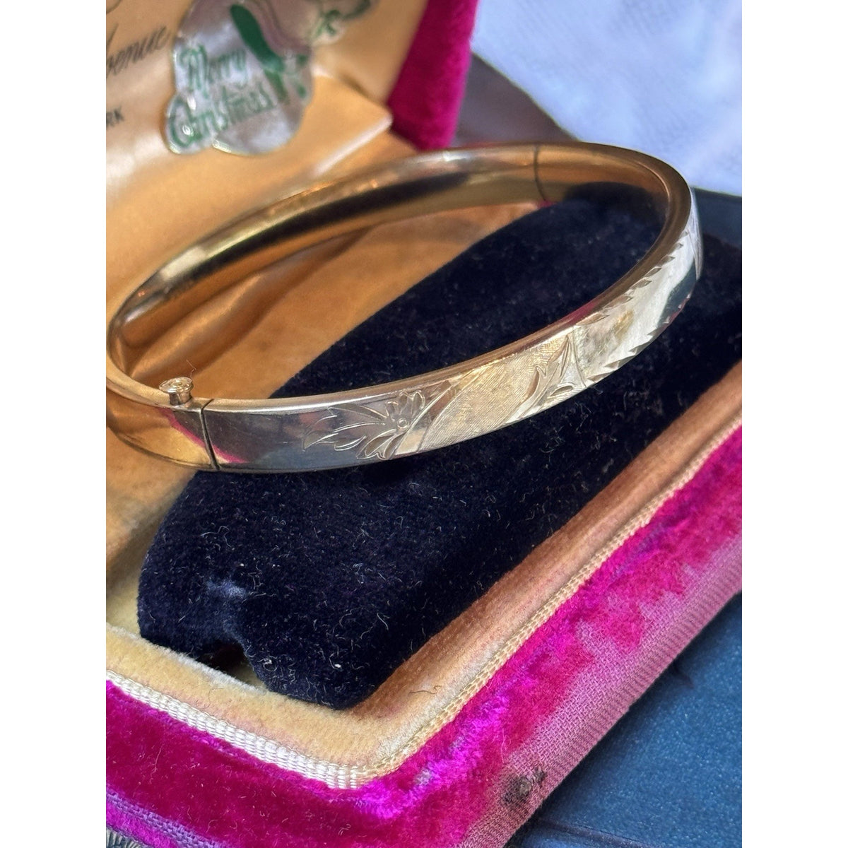Gold-Filled Bangle Bracelet Engraved Leaf Design No Monogram Signed WEH GF 6.75”