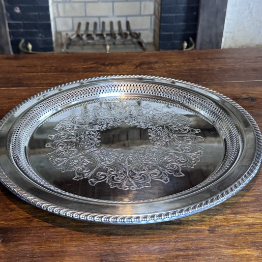 Silverplate Round Tray Reticulated 16.5” WM Rogers Engraved Serving Platter