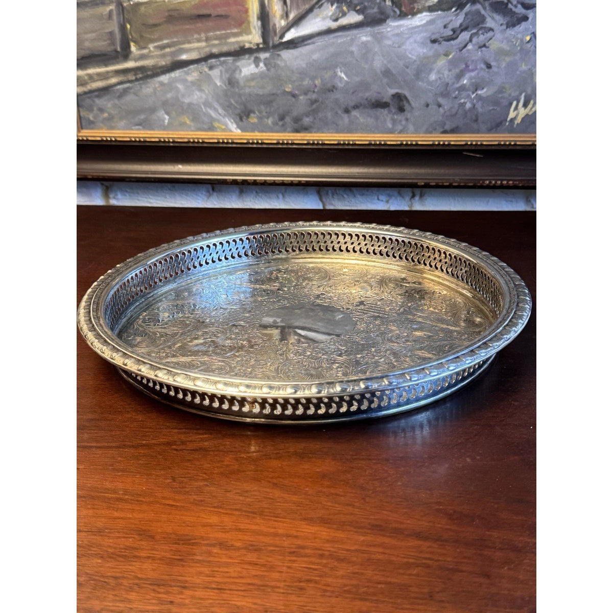 Silverplate Gallery Tray Chased Floral Shell Reticulated Edge Serving 12.5”