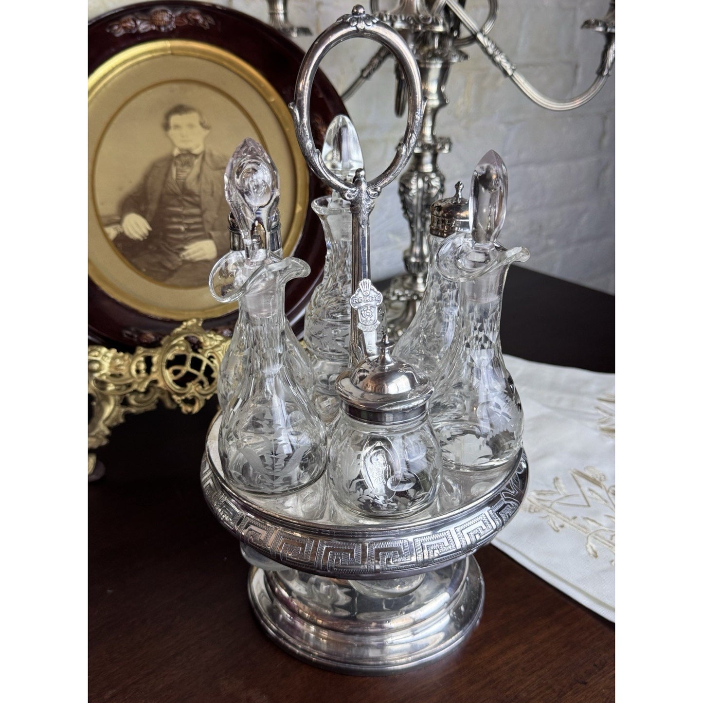 Antique Rogers Smith Silverplate Cruet Set Etched Glass 6 Bottles 13.5” Tall