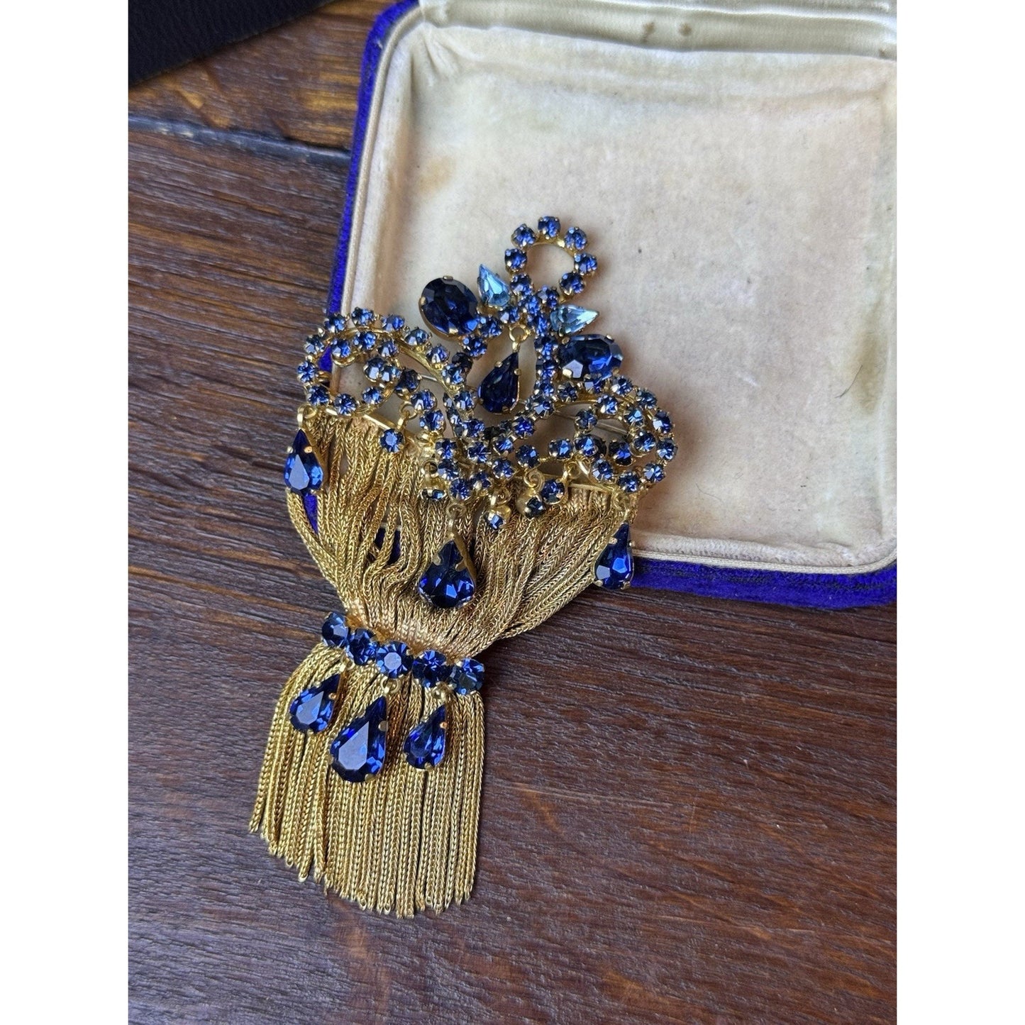 Vintage Blue Rhinestone Tassel Brooch Goldtone Statement Pin 4” Fringe
