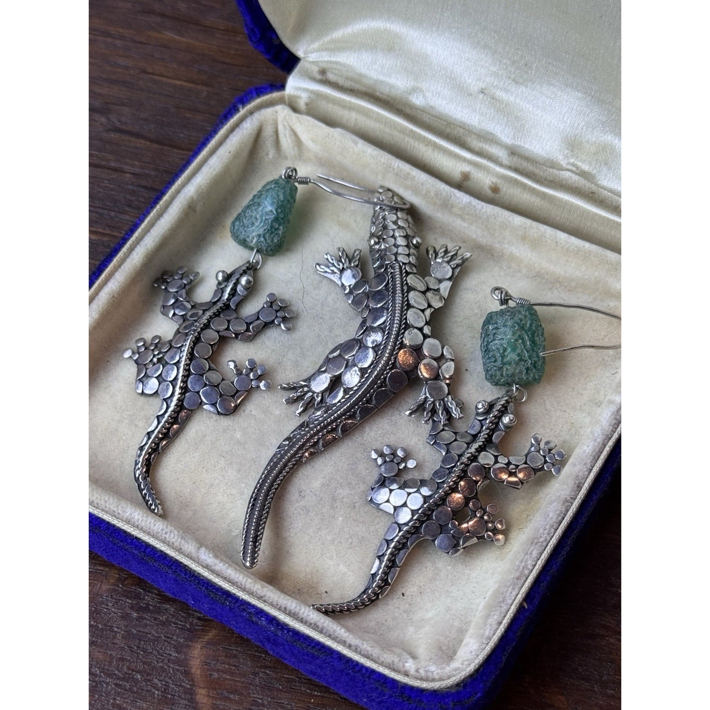 Vintage 925 Sterling Gecko Brooch Earrings Set Green Glass Beads Handmade