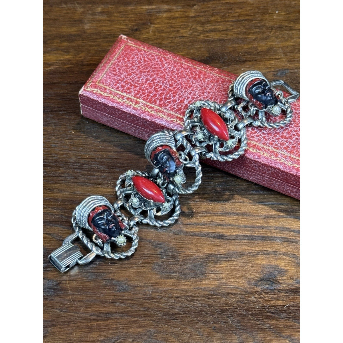 Vintage Selro Selini Bracelet Asian Princess Red Cabochon Faux Pearl 6”