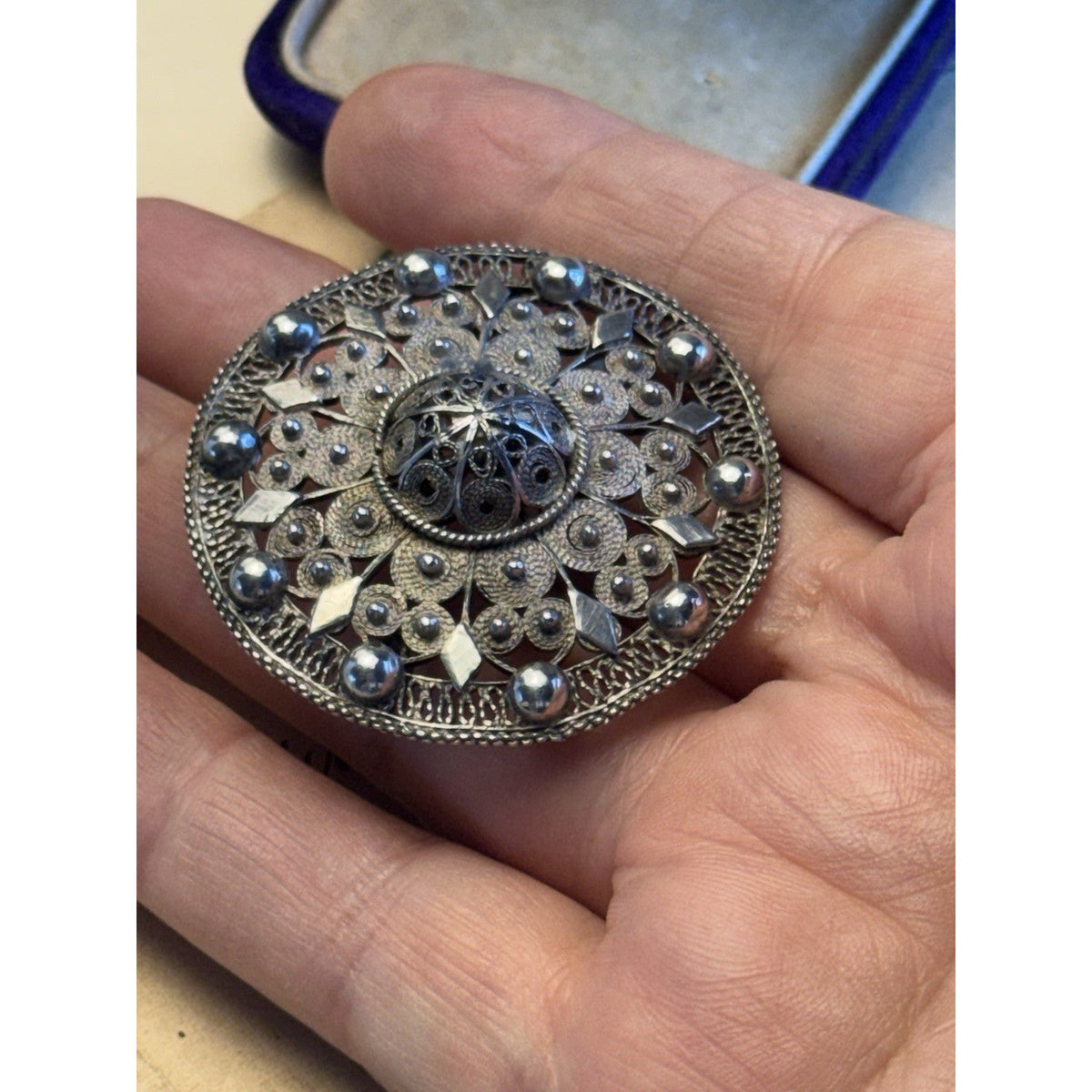 990 Silver Cannetille Filigree Brooch Antique Style Round Statement Pin 1.75"