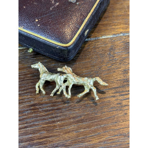 Vintage Horse Brooch Goldtone Two Running Horses Equestrian Pin 2.25” x 1”