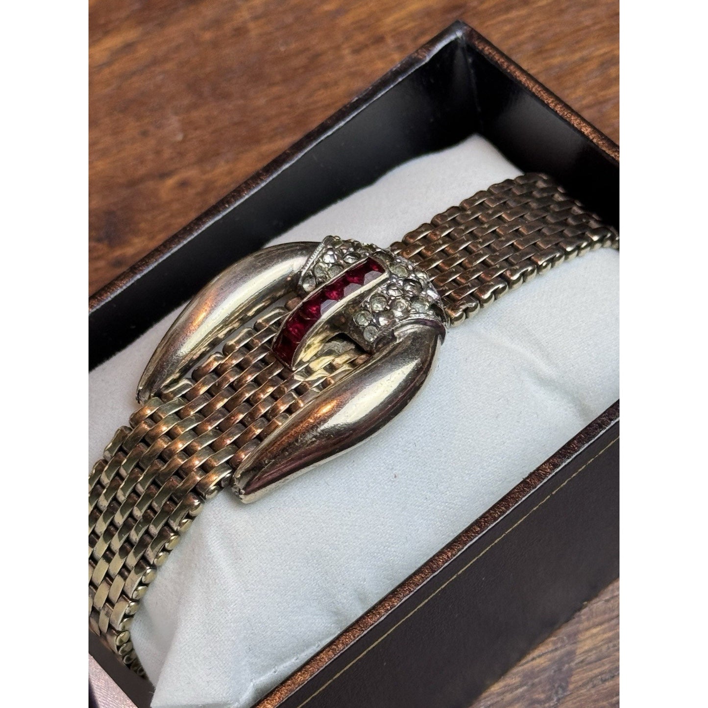 Vintage 1940s Kreisler Mesh Buckle Bracelet Red Glass Rhinestones Goldtone 7”