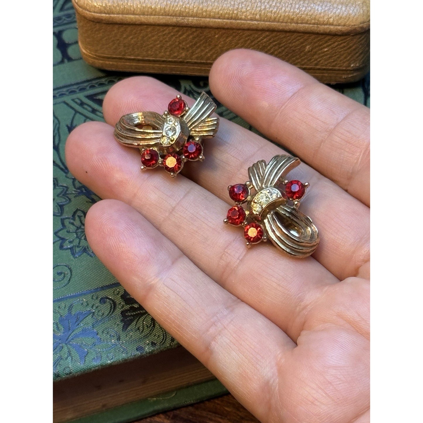 Vintage Ribbon Clip-On Earrings Rose Goldtone Red Clear Rhinestones 1”