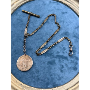Antique Pocket Watch Chain Verdun Medal WWI 1916 France Exonumia T Bar 14.5”
