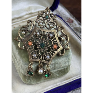 Vintage Jeweled Goldtone Brooch Faux Pearls Green Rhinestones Dangles 2.25”