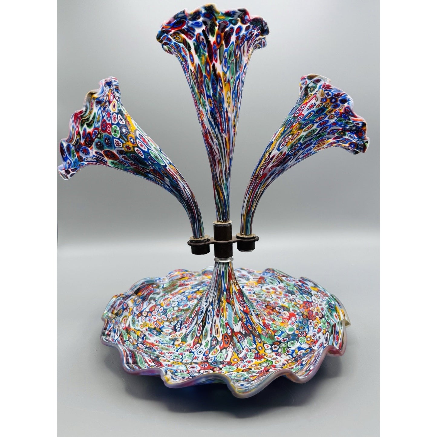 Murano Millefiori Epergne Art Glass 3 Horn Centerpiece Vase 1860 Cane 11.5”