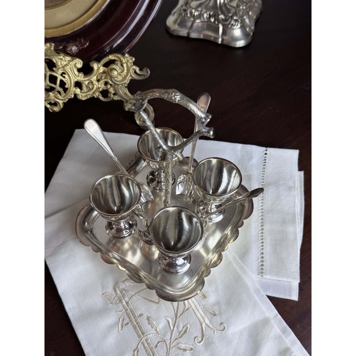 Silverplate Egg Cruet Set 4 Cups Spoons Caddy F Brothers Ltd English Antique