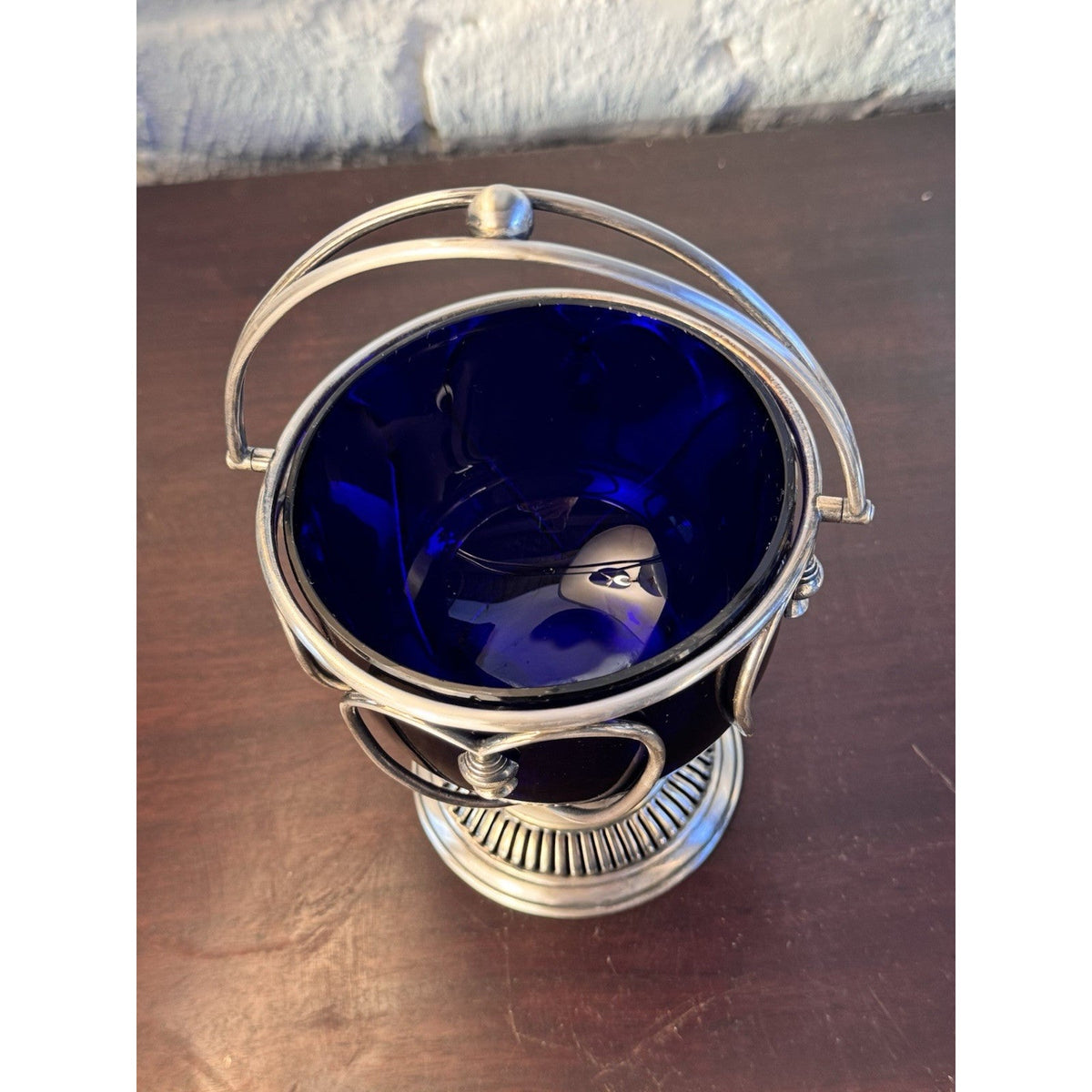 Vintage Bonbon Basket Cobalt Blue Glass Silverplate Heart Shapes Pedestal 7.5”