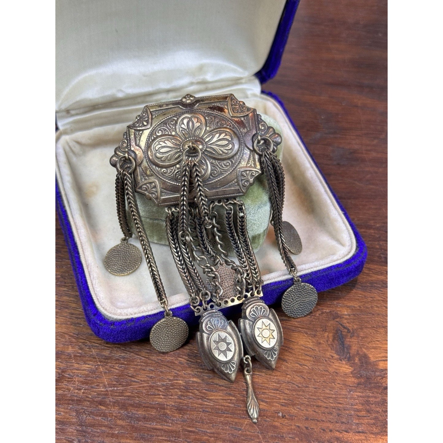 Vintage Chatelaine Brooch Brass Tone Ornate Victorian Revival Dangle Tassel