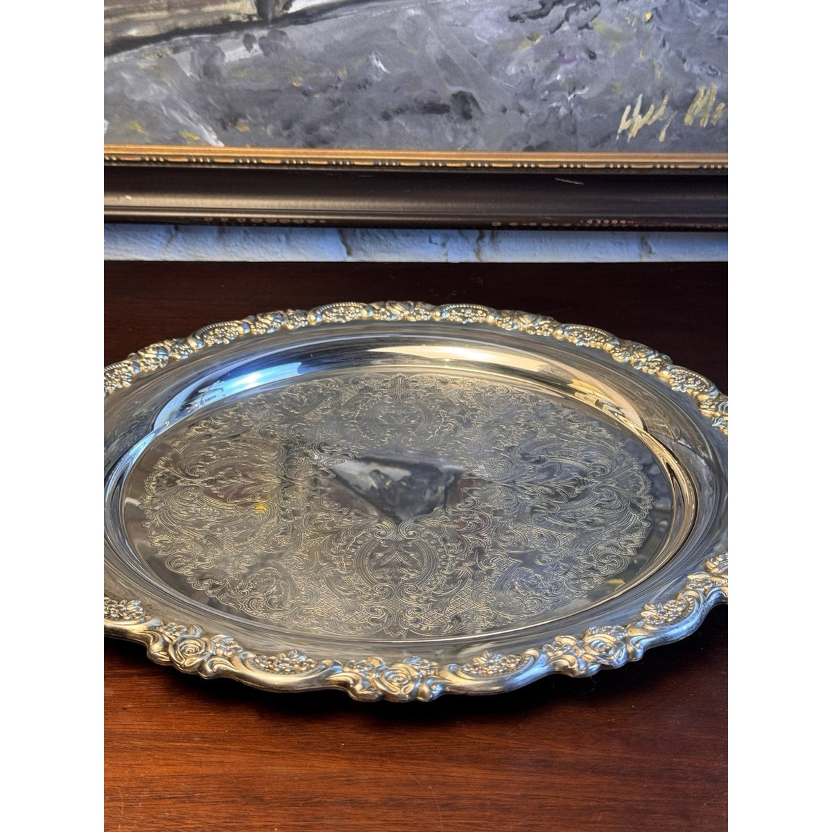 Silverplate Round Serving Tray Rose Border Handled Elegant Tableware