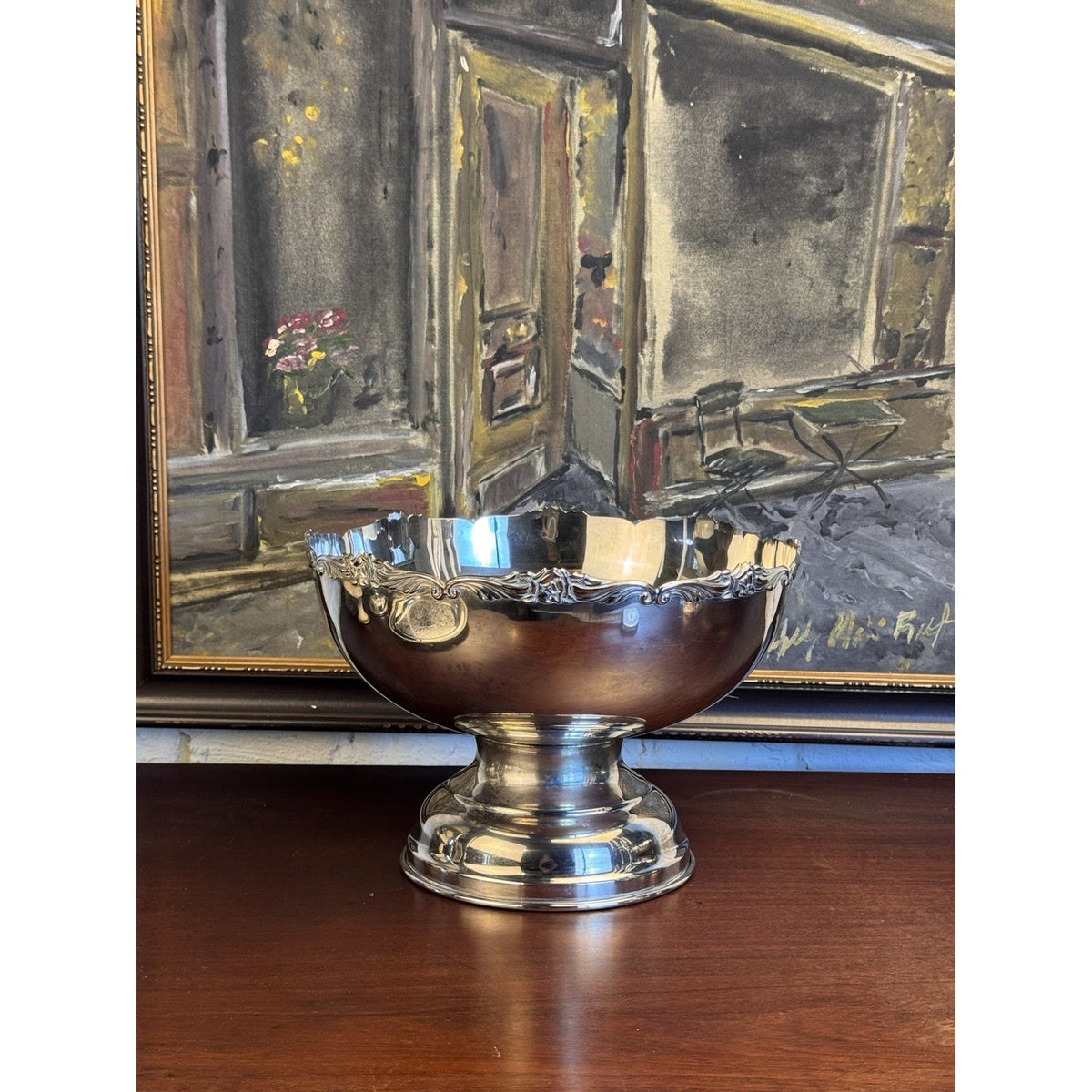 Silverplate Punch Bowl Footed Rose Edge Floral Design Elegant CENTERPIECE 12”