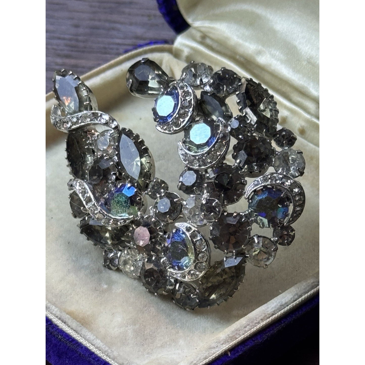 Vintage Rhinestone Brooch 2.5” Smoky Gray Aurora Borealis Crescent Statement