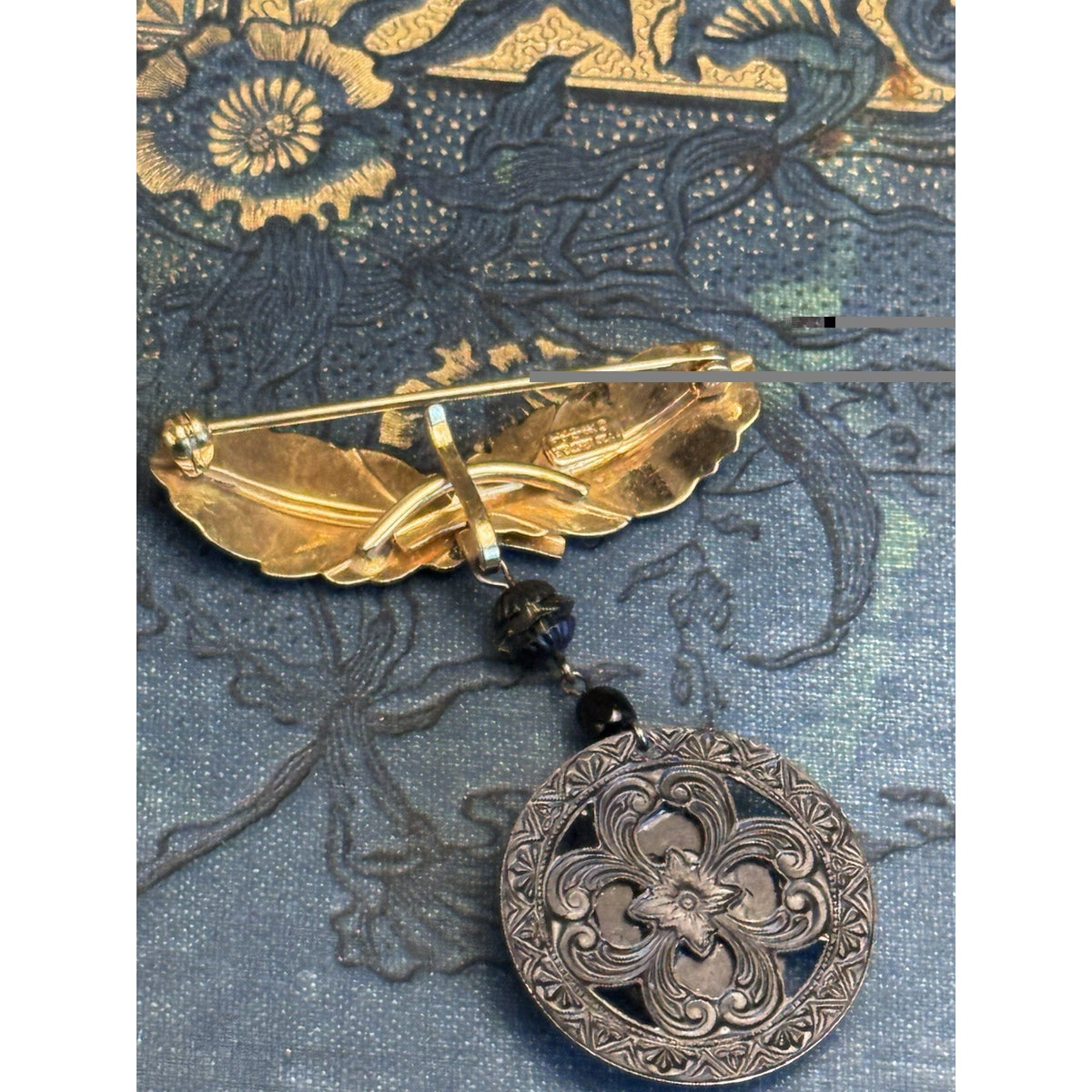 Cameo Brooch Gold Filled Hook Black Rhinestone Pendant Vintage 2.25” x 1.75”