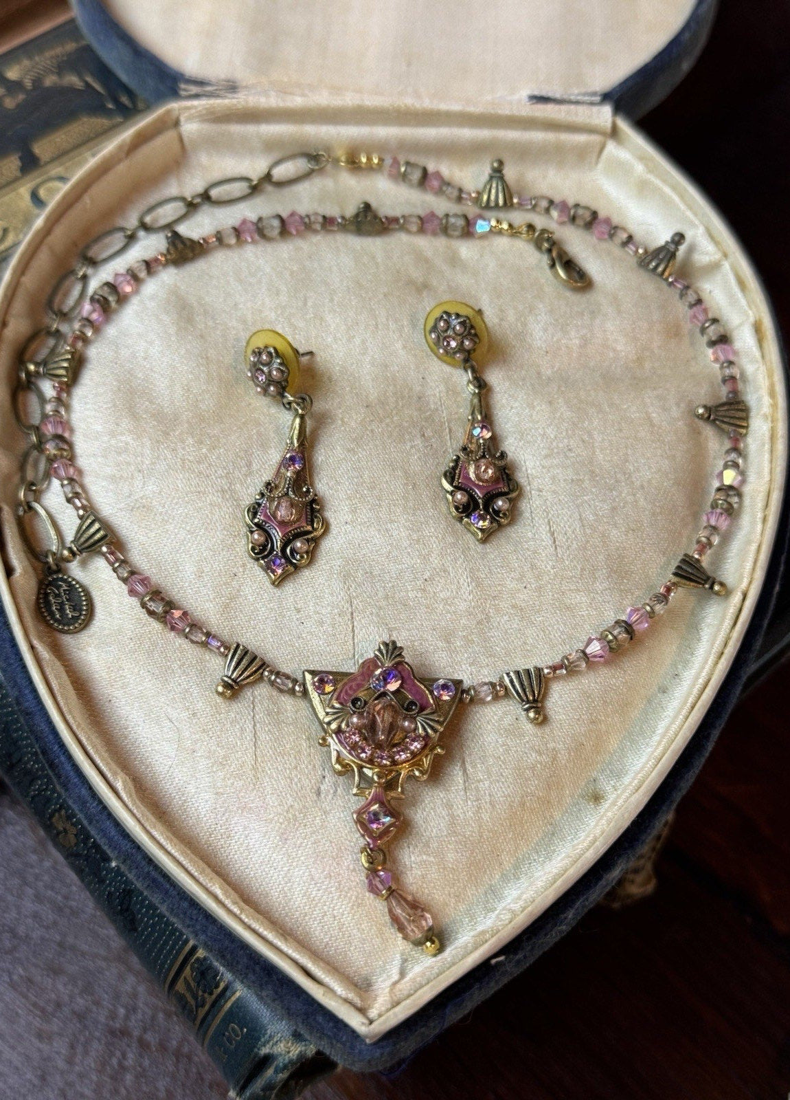 Michal Golan Necklace Earring Set Pink Rhinestone Beaded Goldtone Vintage 19”