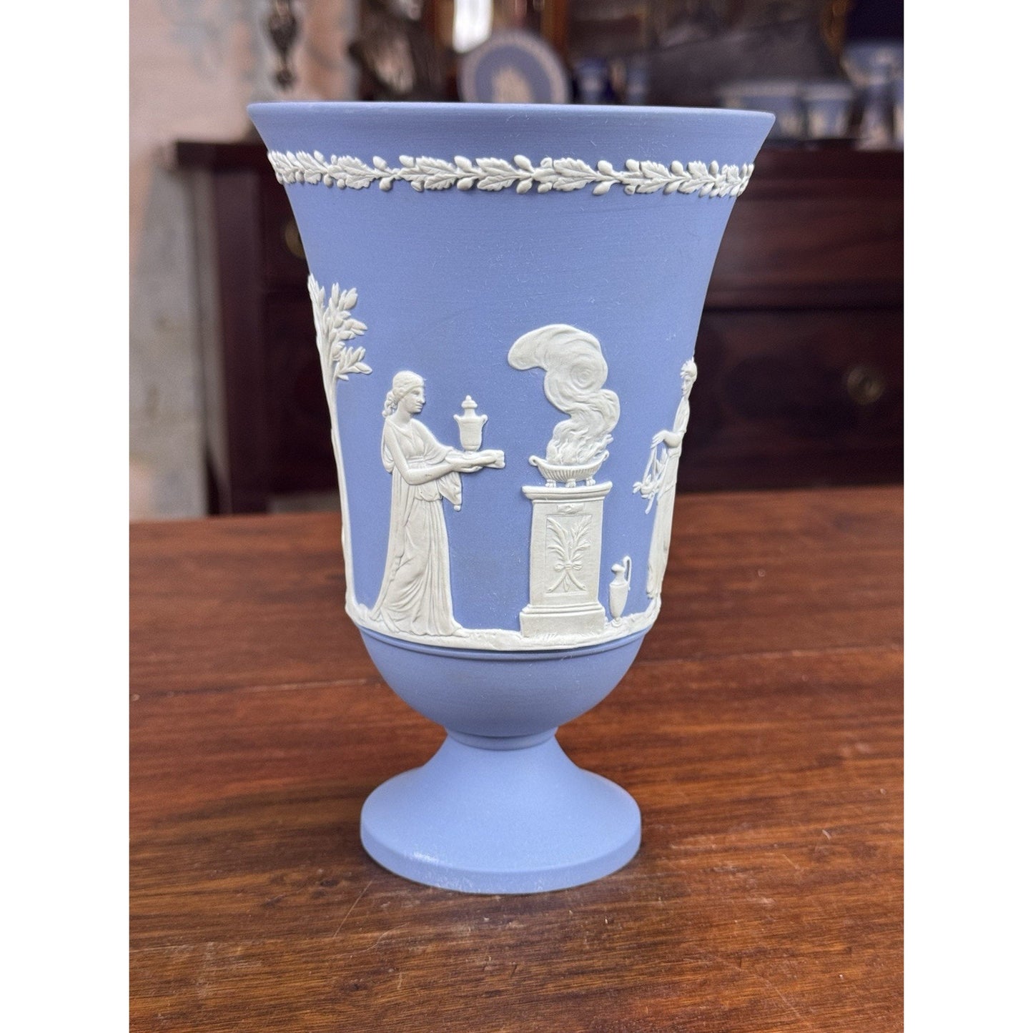 Vintage Wedgwood Jasperware Vase Blue White Classical Figures Pedestal 7.5”