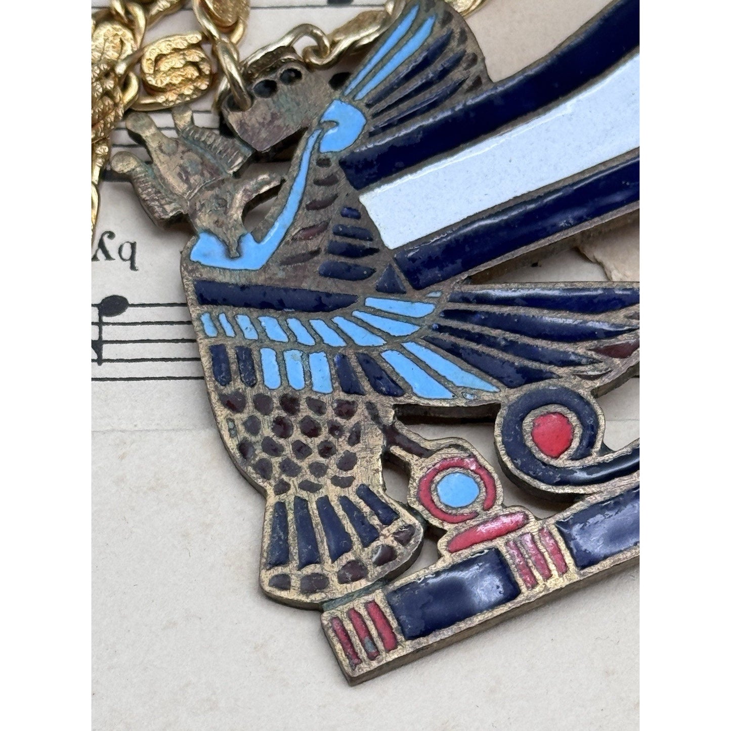 Vintage Egyptian Revival Eye of Horus Enamel Brass Statement Necklace 24”