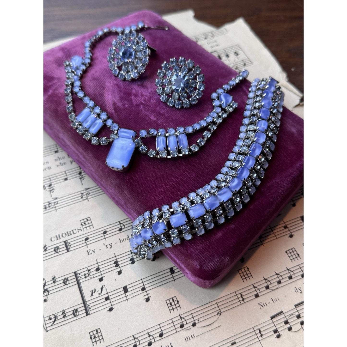 Joseph WARNER Jewelry Set Blue Rhinestone Lucite Necklace Bracelet Earrings