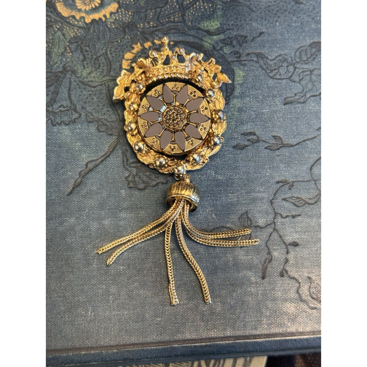 Vintage Brooch Signed SPHINX Black Goldtone Tassel Dangle Statement 3.25”