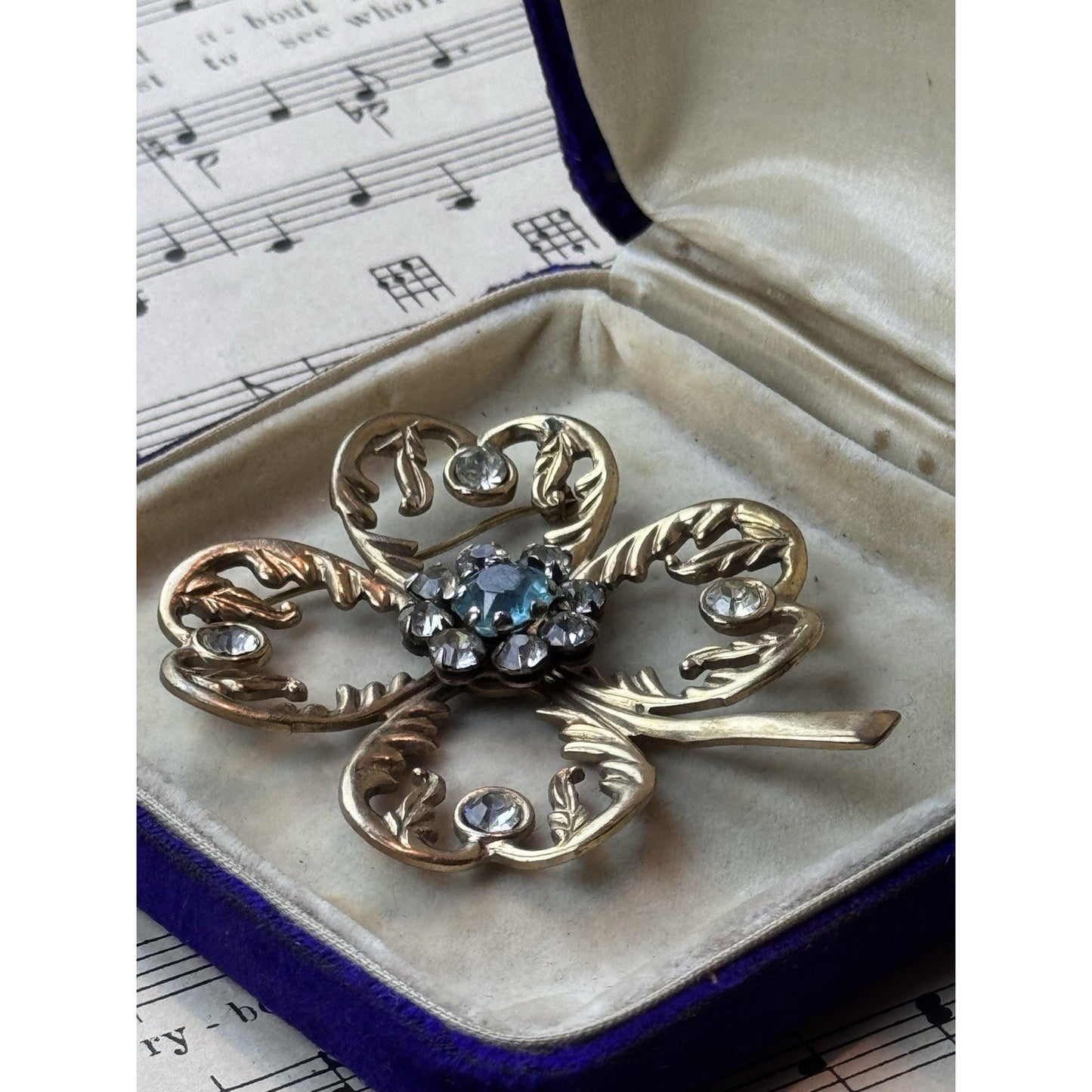 Vintage Clover Brooch 2.75” Goldtone Rhinestone Four Leaf Good Luck Jewelry