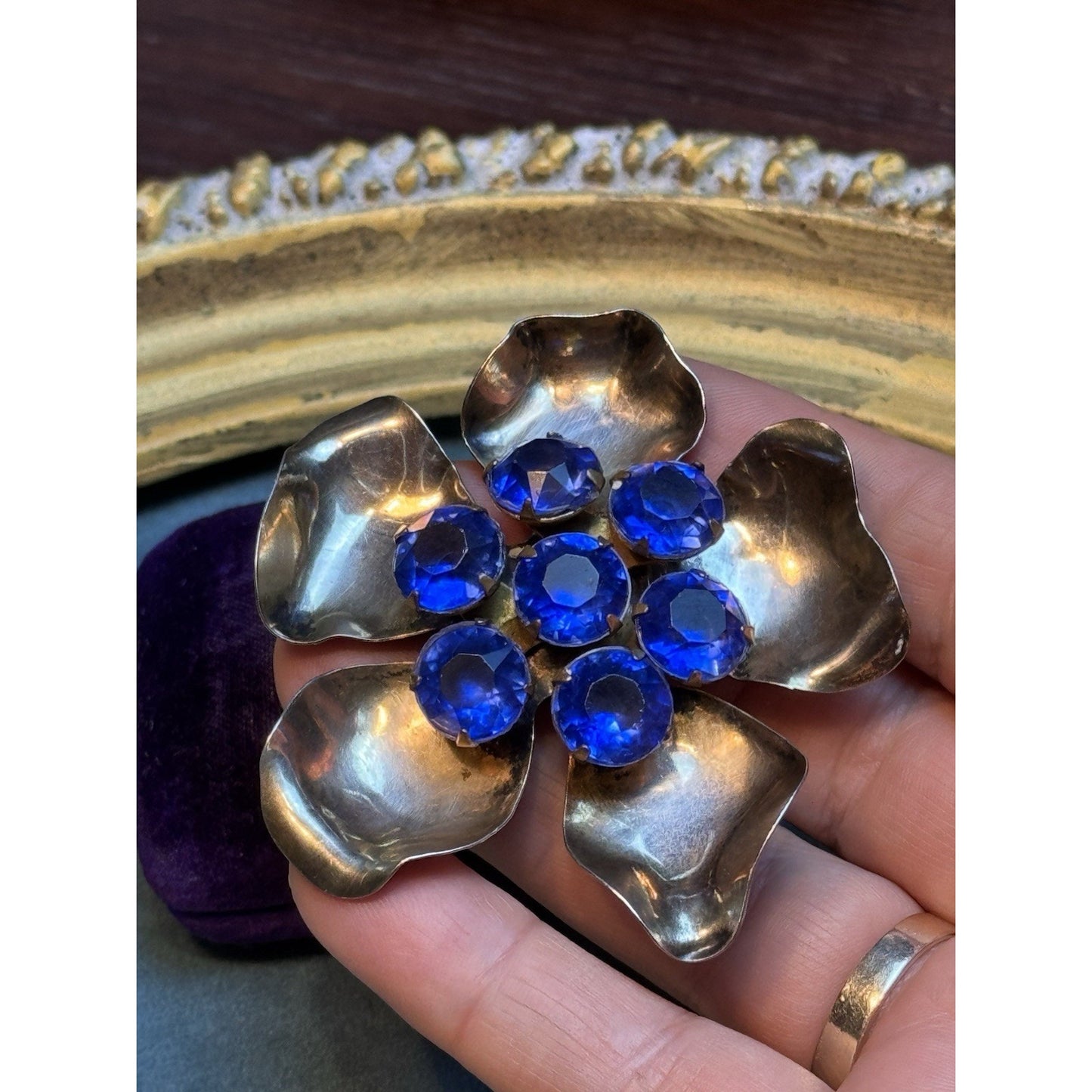 Vintage Sterling Vermeil Flower Brooch With Cobalt Blue Rhinestones