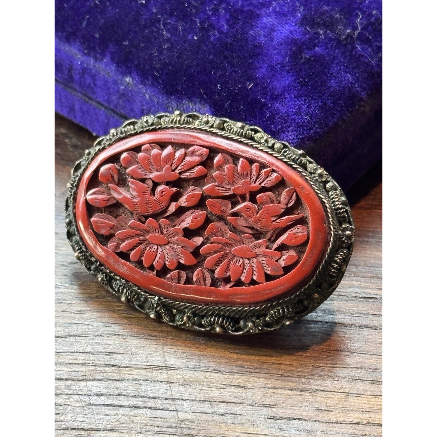 Vintage Cinnabar Brooch 2.25” Chinese EXPORT Carved Birds Flowers Silvertone