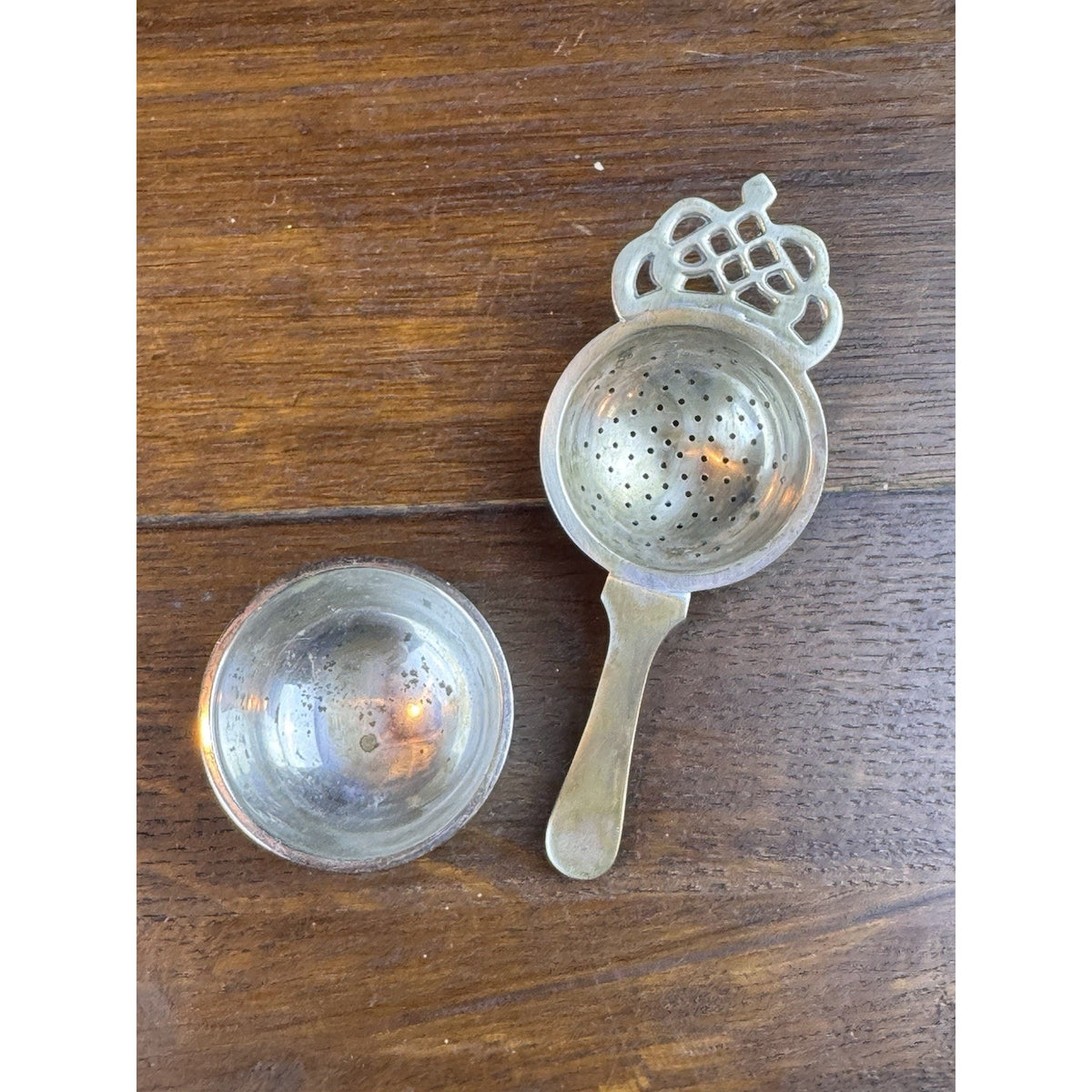 Vintage Silverplate Tea Strainer With Stand 9” Pierced Crown Handle Shabby Chic