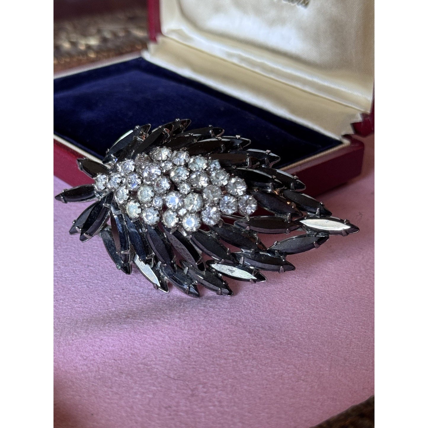 Vintage Black Rhinestone Brooch Clear Crystal Floral Spray Pin 3” Statement