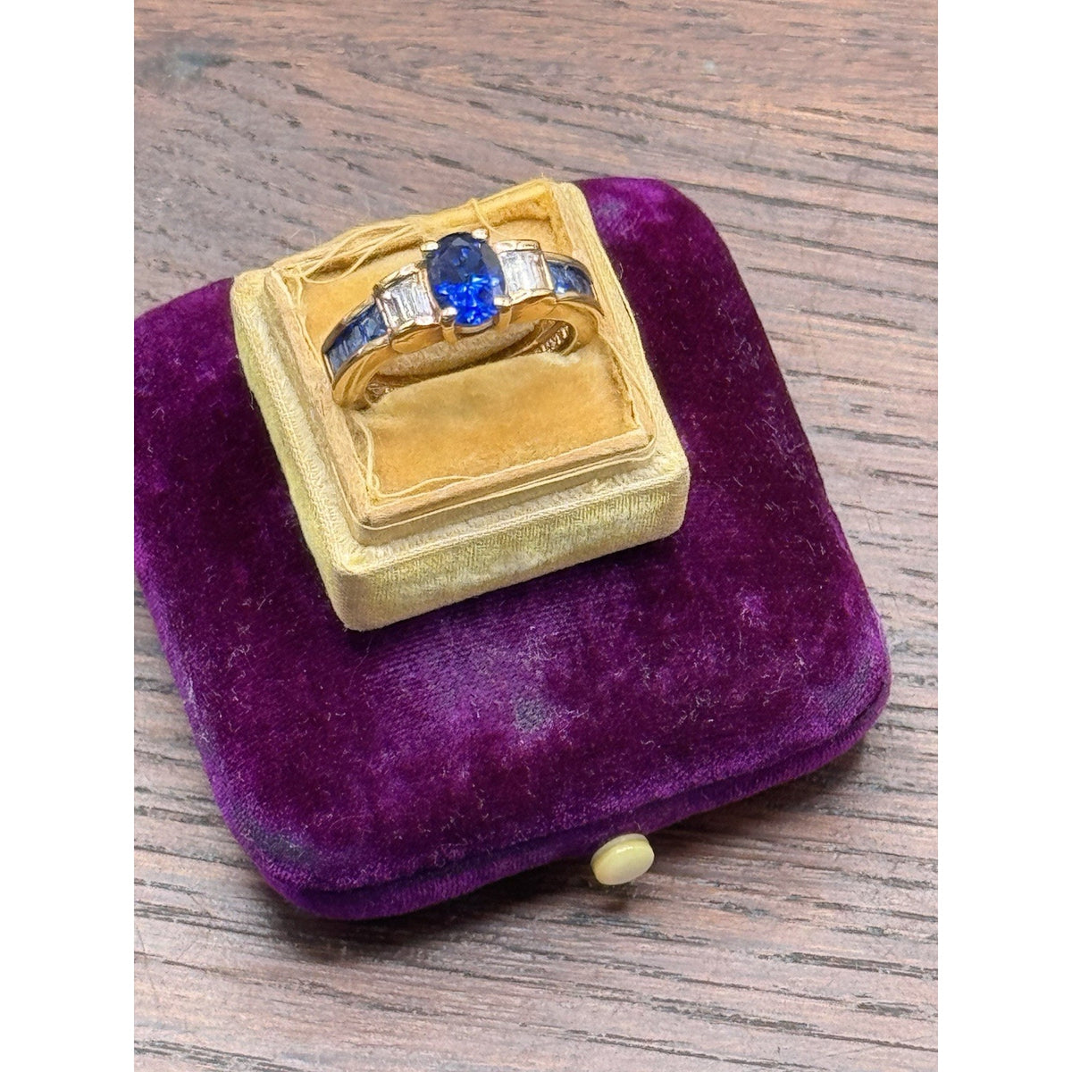 Goldplated Ring Blue Rhinestone Oval Baguette Cocktail Statement Size 7.75