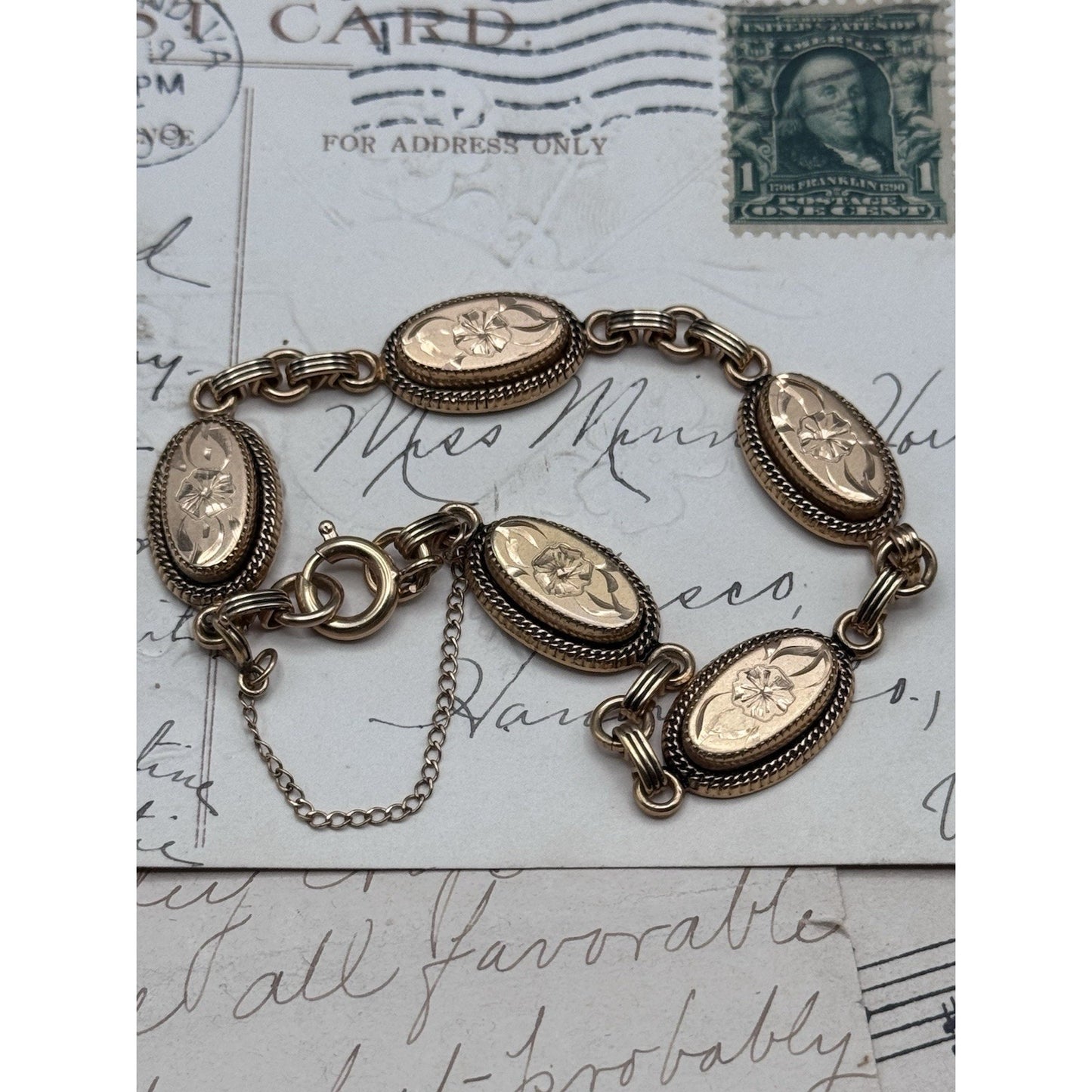 Vintage Gold Filled Floral Link Bracelet Victorian Style Safety Chain 7”