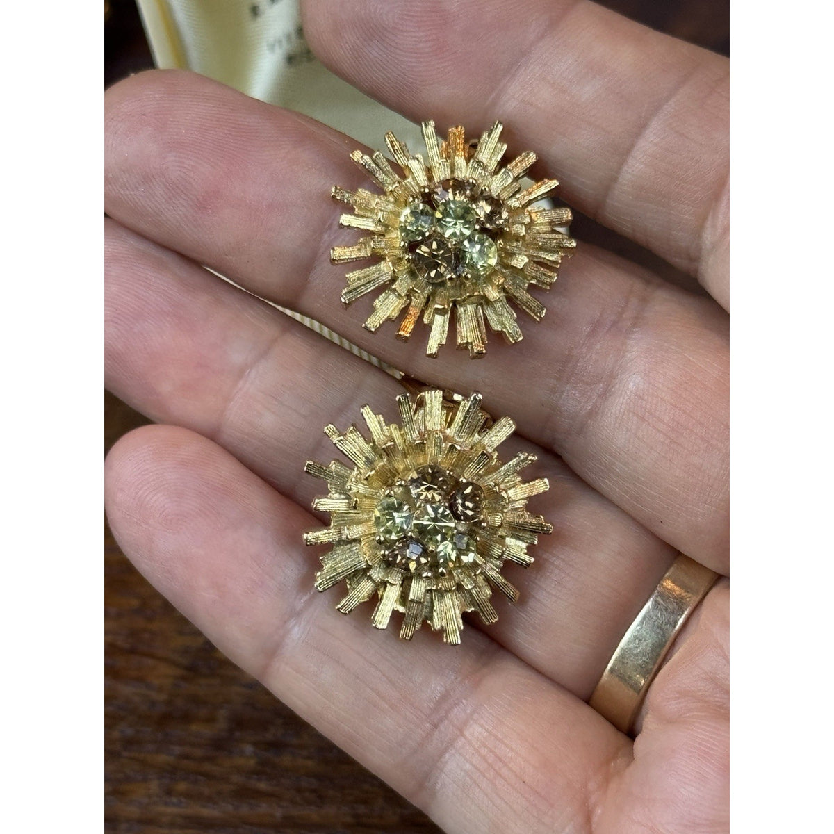 Vintage Clip Earrings Rhinestone Starburst Goldtone Green Brown .75”