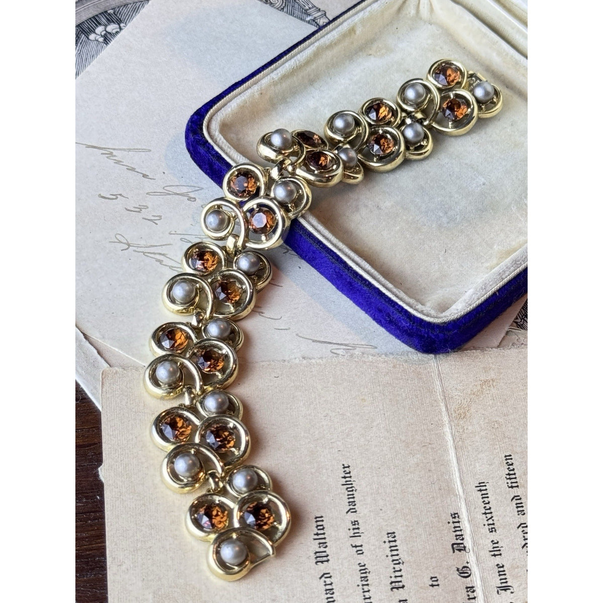Trifari Bracelet Faux Pearl Brown Rhinestone Goldtone Signed 6.5” Vintage
