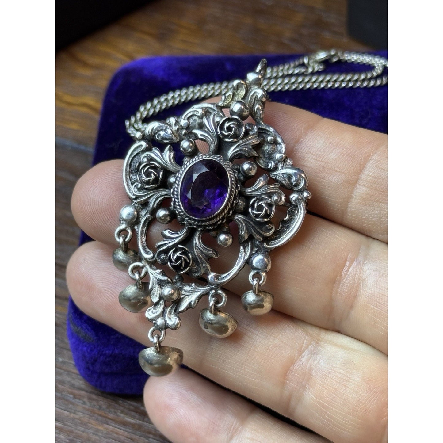 PERUZZI 800 Silver Florence Pendant Brooch Renaissance Revival Purple Stone