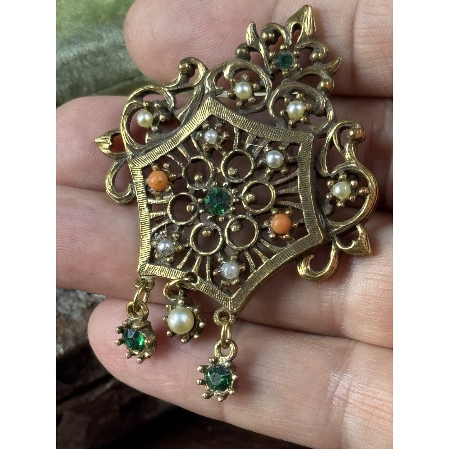 Vintage Jeweled Goldtone Brooch Faux Pearls Green Rhinestones Dangles 2.25”