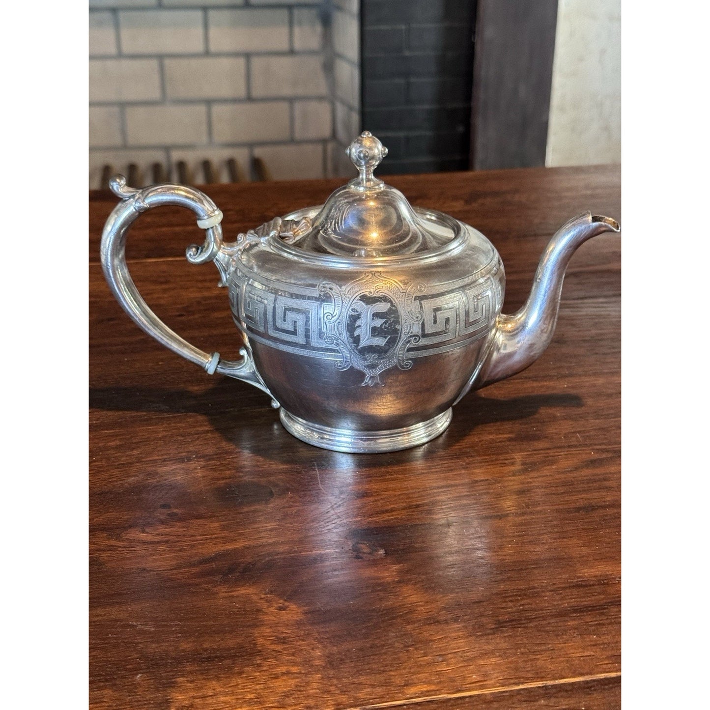 Silverplate Teapot Reed & Barton Greek Key Monogram E Vintage Tea Pot 10” Shabby