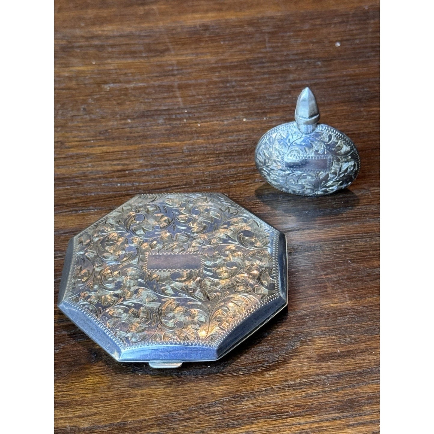 Sterling Compact Mirror Perfume Bottle Set 950 Silver Engraved EMPTY