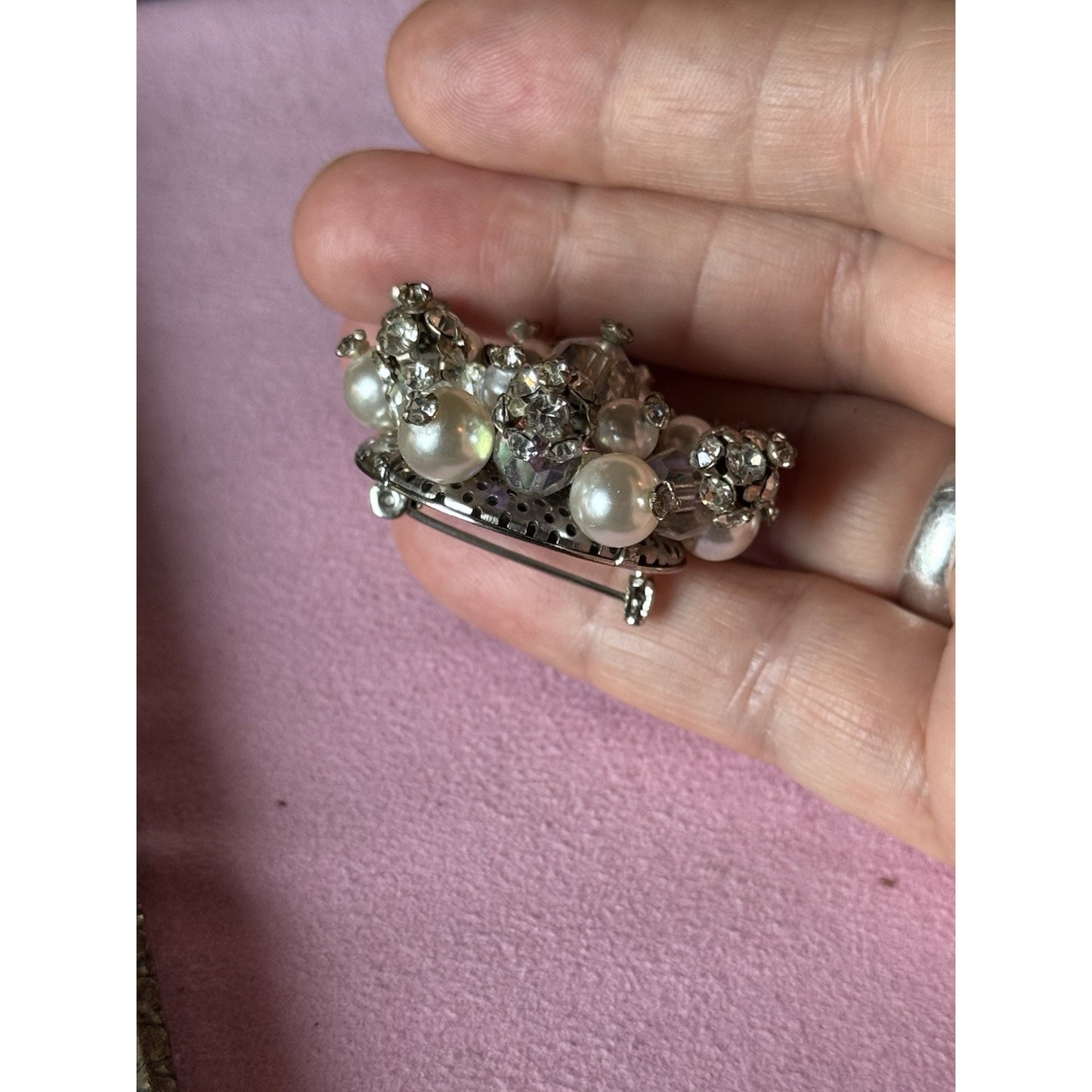 Vintage Brooch Faux Pearl Rhinestone Cluster Silvertone Crystal Bead Pin