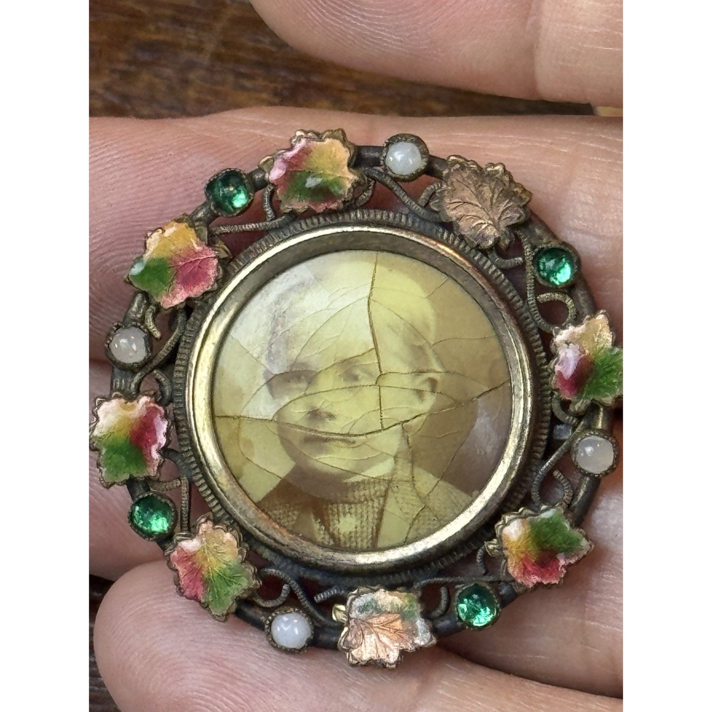 Antique Photo Button Converted Brooch Enamel Rhinestones 1.25” Round